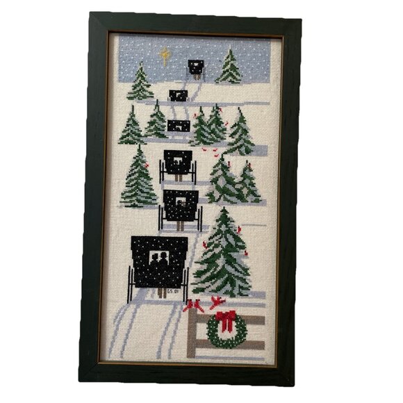 Vintage Cross Stitch Holiday Memories Sampler Framed Wall Art Carriages Trees - Picture 2 of 8